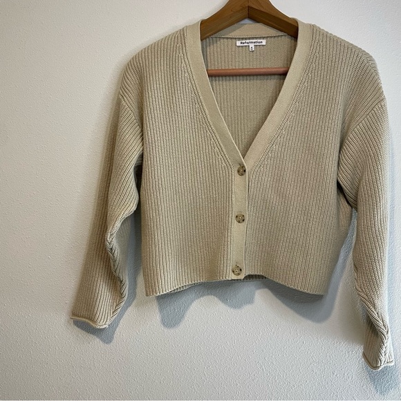Reformation Jessa Chic Coquette Cardigan Knit Ribbed 100% Cotton Cream sz M - Picture 8 of 8